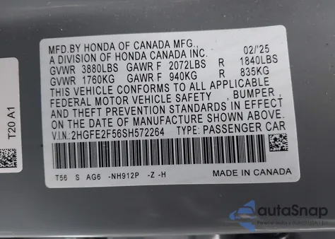 2025 Honda Civic Sport z USA, uszkodzony, nr VIN 2HGFE2F56SH572264